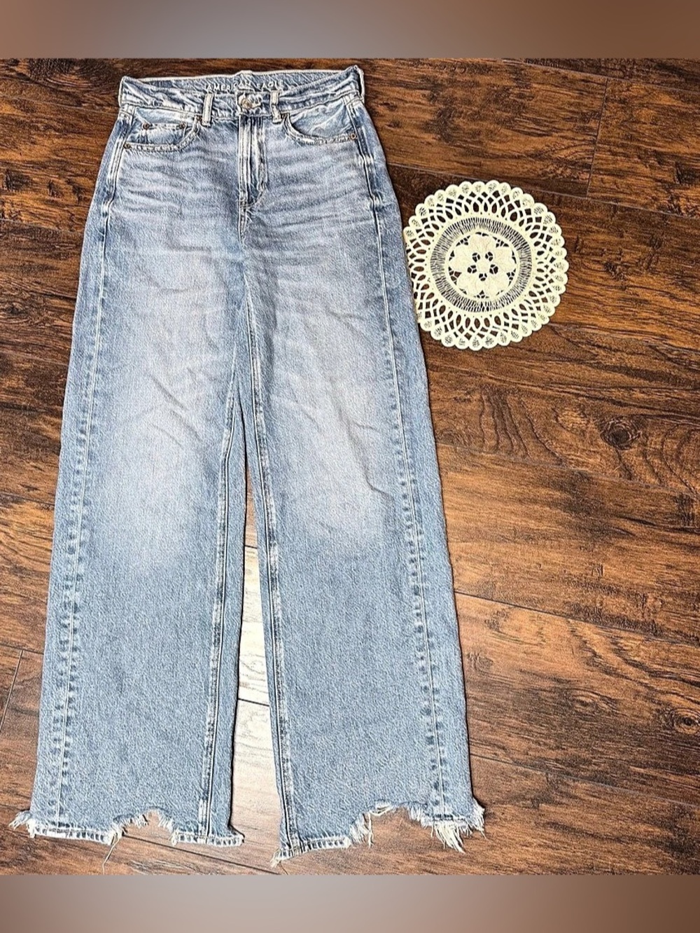 American Eagle Wide Leg Frayed Hem Jeans Blue Size 8